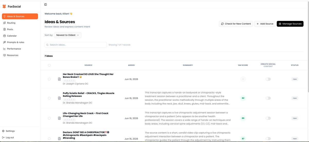 FoxSocial Ideas and Sources, a scored list of content ideas