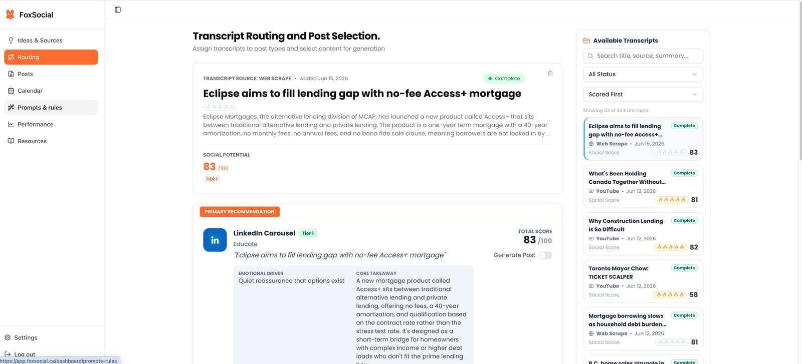 FoxSocial transcript routing and post selection, with social scores and a recommended post type