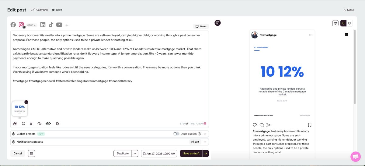 FoxSocial the post editor with an Instagram preview and a scheduled send